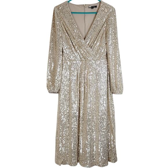 Lauren Ralph Lauren Bowen gold sequin long sleeve midi dress Size 4 glam fairy - Picture 2 of 12